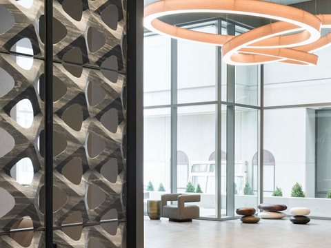 The Franklin Tower lobby with a modern overhead art element